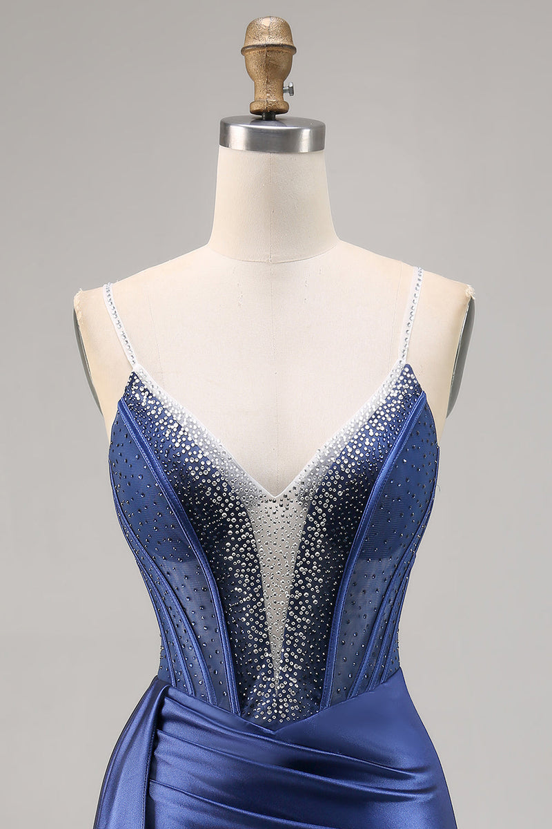 Load image into Gallery viewer, Sparkly Navy Satin Short Corset Homecoming Dress with Beading