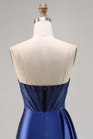 Load image into Gallery viewer, Sparkly Navy Satin Short Corset Homecoming Dress with Beading