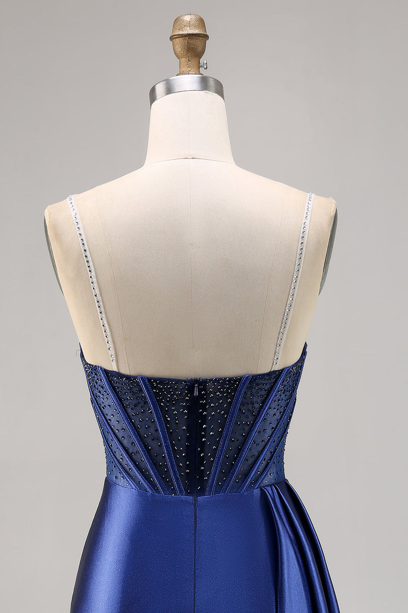 Load image into Gallery viewer, Sparkly Navy Satin Short Corset Homecoming Dress with Beading