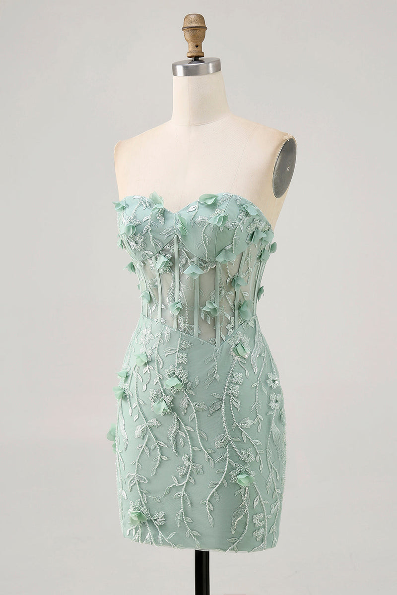 Load image into Gallery viewer, Sparkly Sweetheart Corset Tight Short Sage Floral Homecoming Dress with Beading