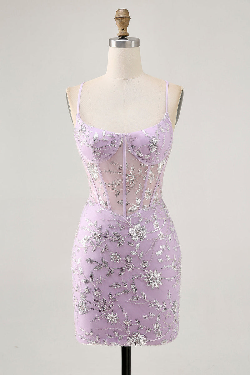 Load image into Gallery viewer, Sparkly Short Lilac Floral Tight Corset Homecoming Dress with Sequins