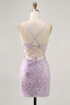 Sparkly Short Lilac Floral Tight Corset Homecoming Dress with Sequins