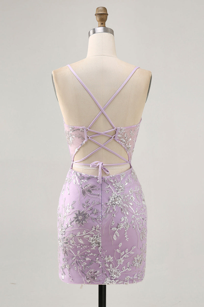 Load image into Gallery viewer, Sparkly Short Lilac Floral Tight Corset Homecoming Dress with Sequins