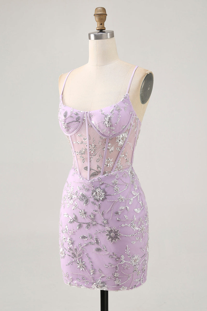 Load image into Gallery viewer, Sparkly Short Lilac Floral Tight Corset Homecoming Dress with Sequins