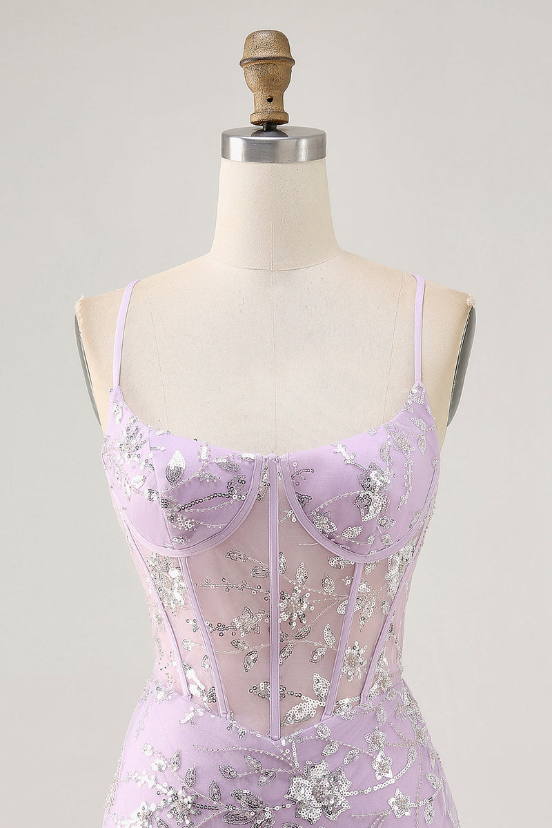 Load image into Gallery viewer, Sparkly Short Lilac Floral Tight Corset Homecoming Dress with Sequins