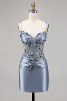 Load image into Gallery viewer, Grey Blue Satin Corset Short Tight Homecoming Dress with Appliques