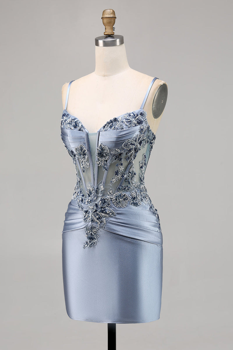 Load image into Gallery viewer, Grey Blue Satin Corset Short Tight Homecoming Dress with Appliques