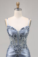 Load image into Gallery viewer, Grey Blue Satin Corset Short Tight Homecoming Dress with Appliques