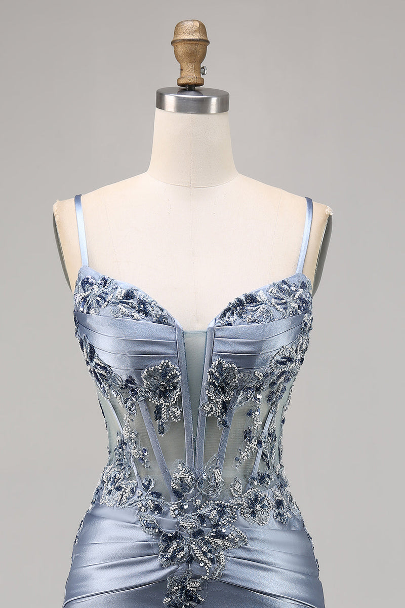 Load image into Gallery viewer, Grey Blue Satin Corset Short Tight Homecoming Dress with Appliques