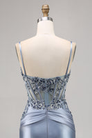 Load image into Gallery viewer, Grey Blue Satin Corset Short Tight Homecoming Dress with Appliques