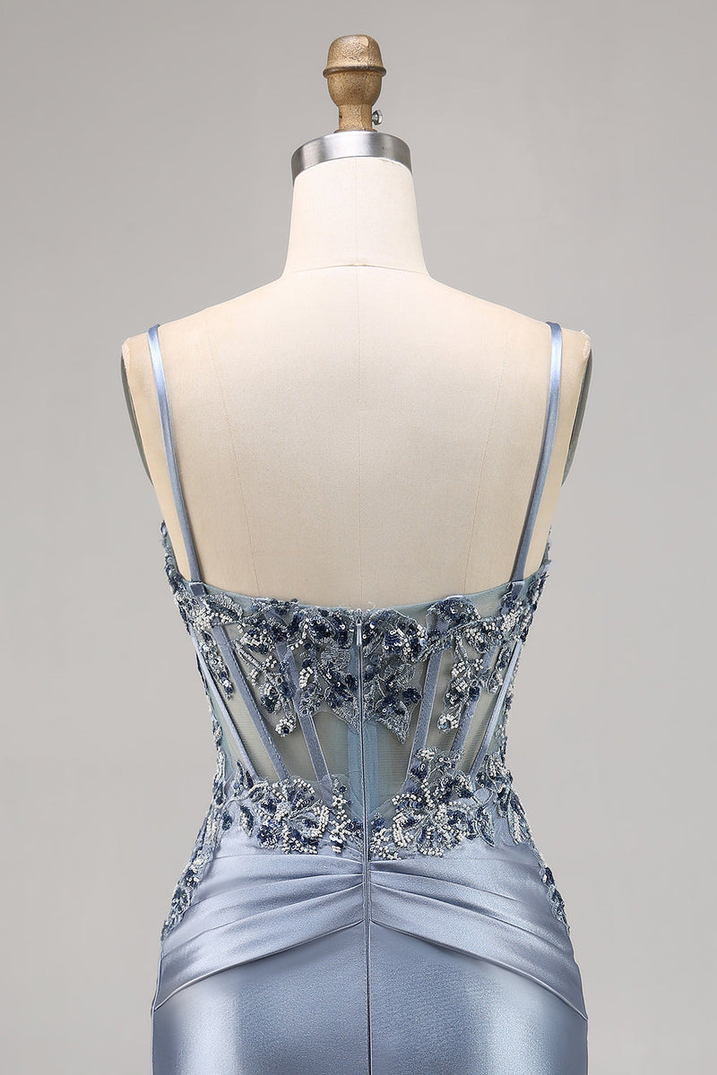 Load image into Gallery viewer, Grey Blue Satin Corset Short Tight Homecoming Dress with Appliques