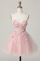 Load image into Gallery viewer, Pink Floral Spaghetti Straps A Line Short Corset Homecoming Dress