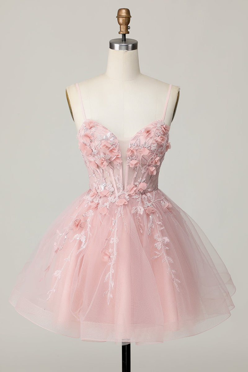 Load image into Gallery viewer, Pink Floral Spaghetti Straps A Line Short Corset Homecoming Dress