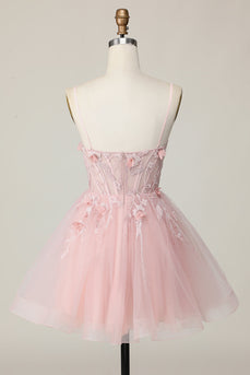 Pink Floral Spaghetti Straps A Line Short Corset Homecoming Dress