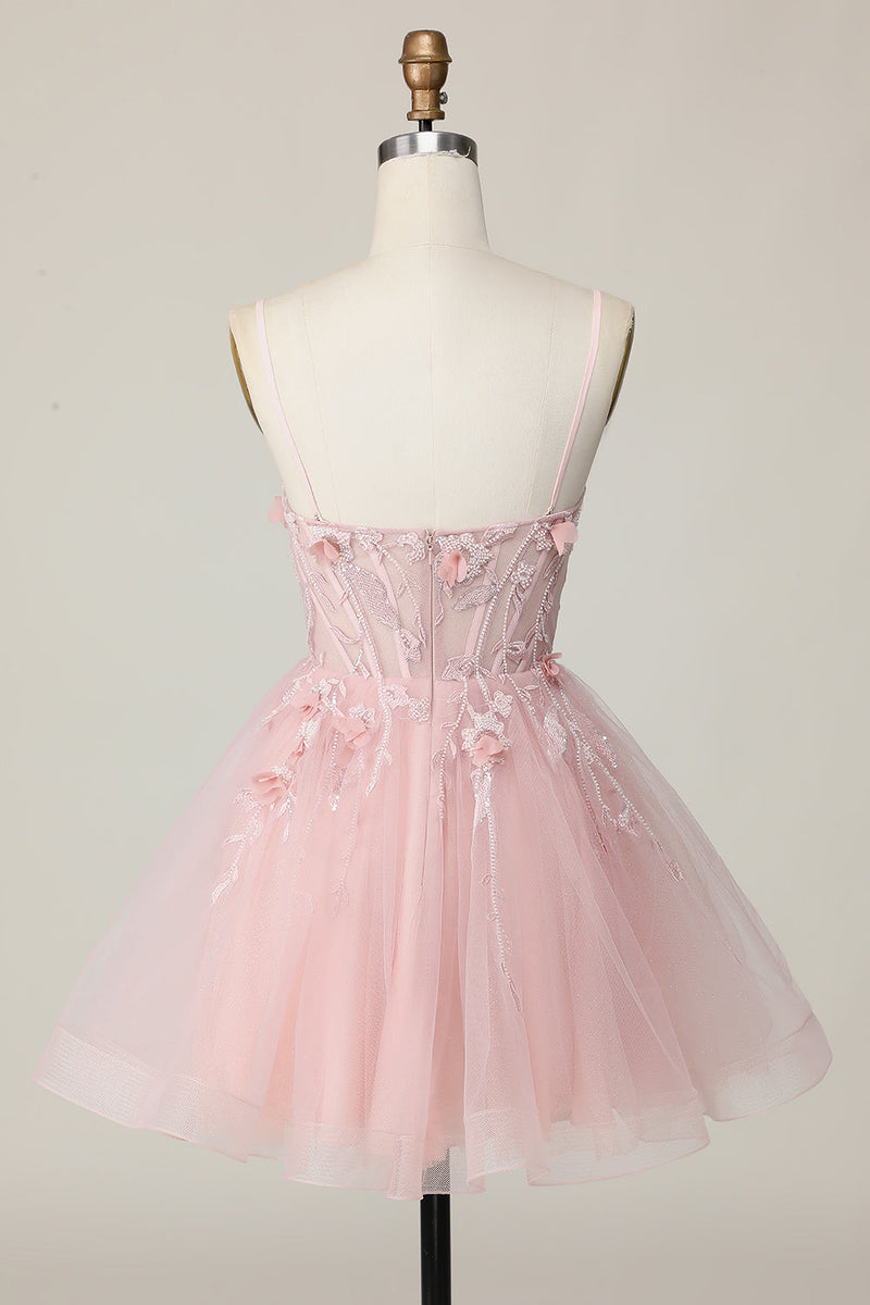 Load image into Gallery viewer, Pink Floral Spaghetti Straps A Line Short Corset Homecoming Dress