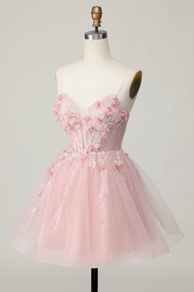 Load image into Gallery viewer, Pink Floral Spaghetti Straps A Line Short Corset Homecoming Dress