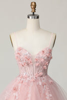 Load image into Gallery viewer, Pink Floral Spaghetti Straps A Line Short Corset Homecoming Dress