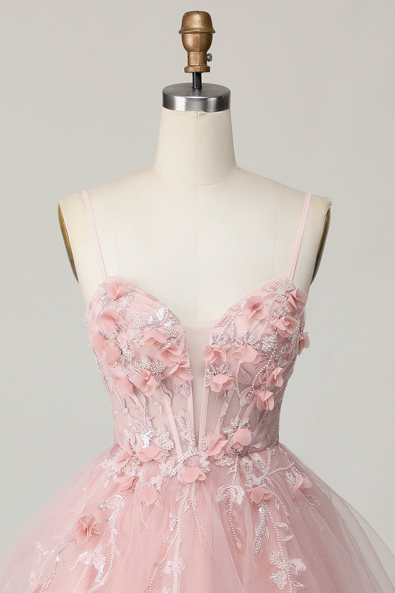 Load image into Gallery viewer, Pink Floral Spaghetti Straps A Line Short Corset Homecoming Dress