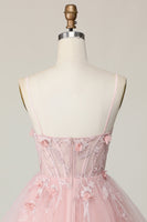 Load image into Gallery viewer, Pink Floral Spaghetti Straps A Line Short Corset Homecoming Dress