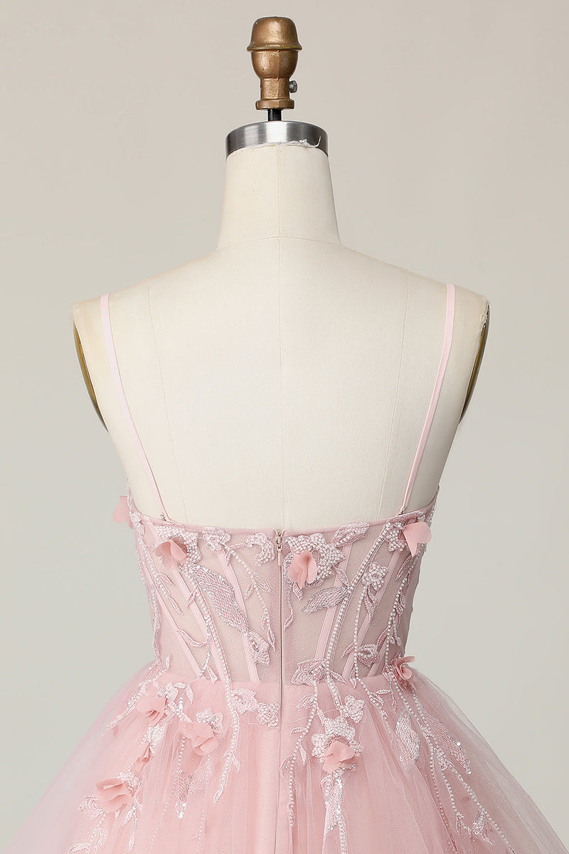 Load image into Gallery viewer, Pink Floral Spaghetti Straps A Line Short Corset Homecoming Dress