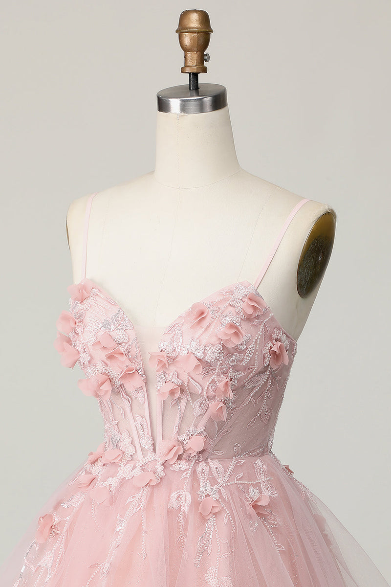 Load image into Gallery viewer, Pink Floral Spaghetti Straps A Line Short Corset Homecoming Dress