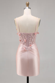 Pink Satin Floral Corset Short Tight Homecoming Dress