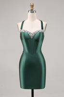 Load image into Gallery viewer, Sparkly Dark Green Satin Corset Tight Short Homecoming Dress with Beading