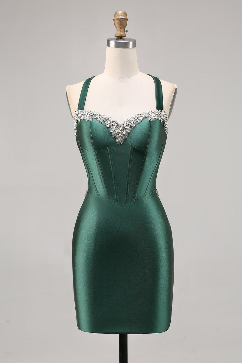 Load image into Gallery viewer, Sparkly Dark Green Satin Corset Tight Short Homecoming Dress with Beading