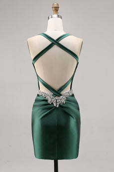 Sparkly Dark Green Satin Corset Tight Short Homecoming Dress with Beading