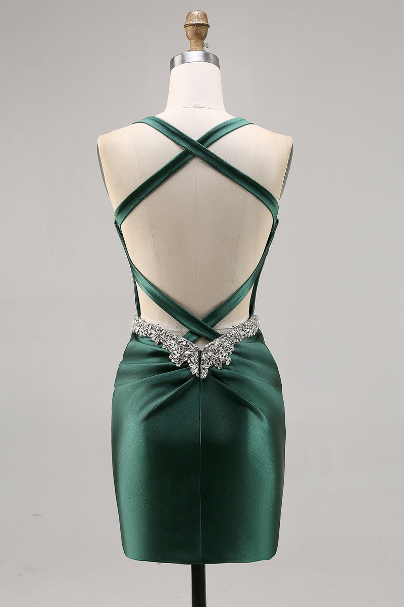 Load image into Gallery viewer, Sparkly Dark Green Satin Corset Tight Short Homecoming Dress with Beading