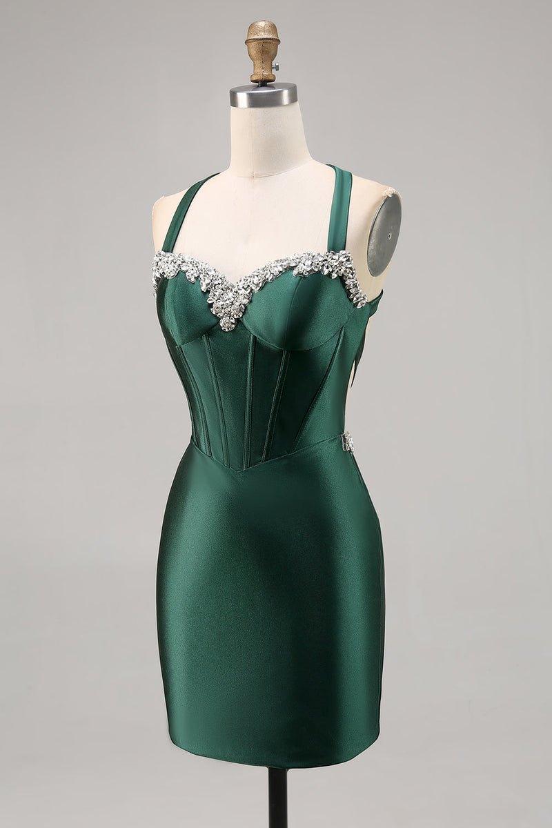 Load image into Gallery viewer, Sparkly Dark Green Satin Corset Tight Short Homecoming Dress with Beading