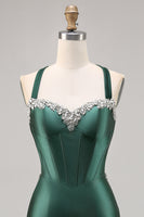 Load image into Gallery viewer, Sparkly Dark Green Satin Corset Tight Short Homecoming Dress with Beading