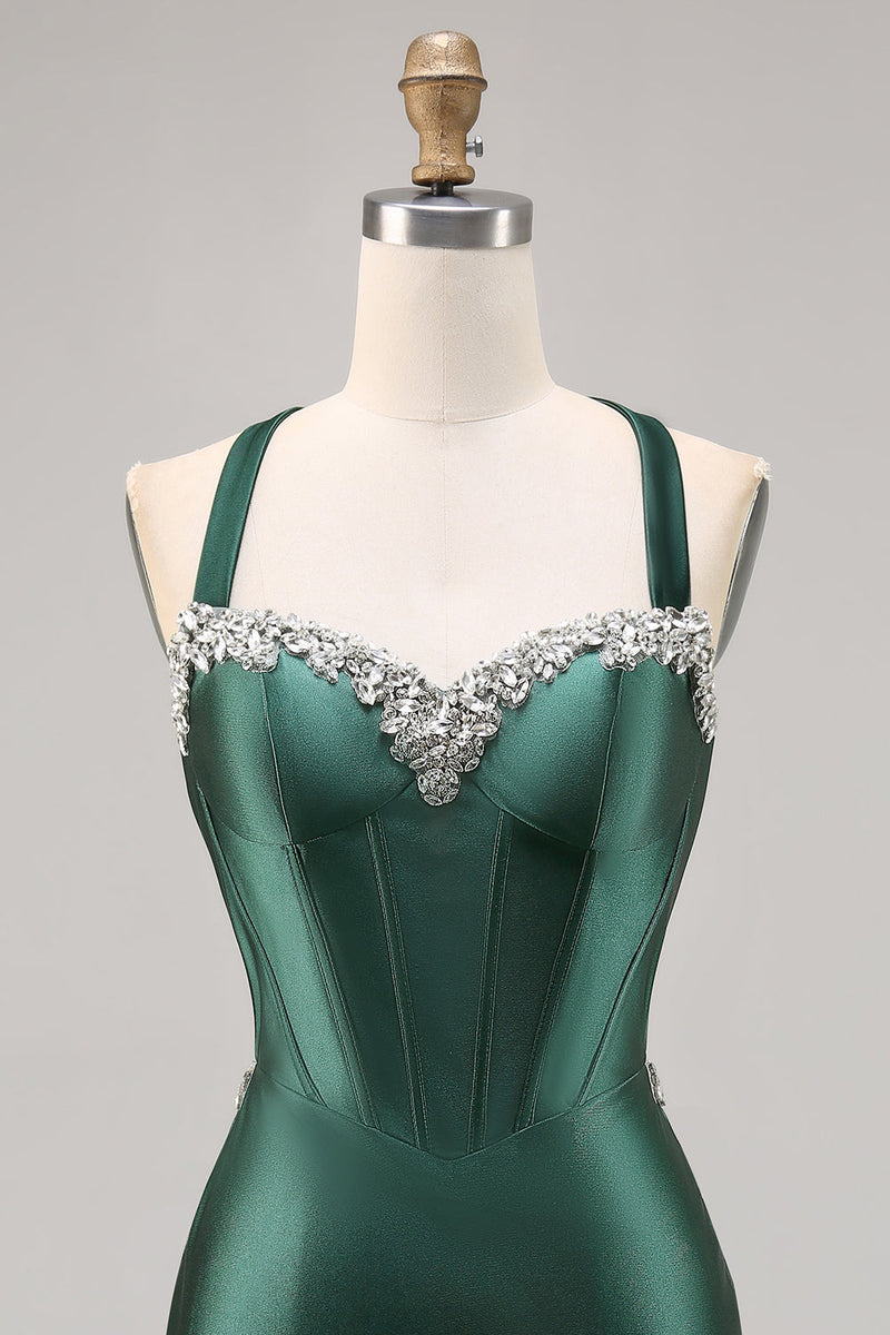 Load image into Gallery viewer, Sparkly Dark Green Satin Corset Tight Short Homecoming Dress with Beading