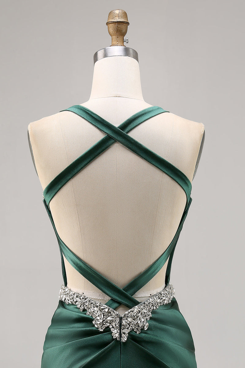 Load image into Gallery viewer, Sparkly Dark Green Satin Corset Tight Short Homecoming Dress with Beading