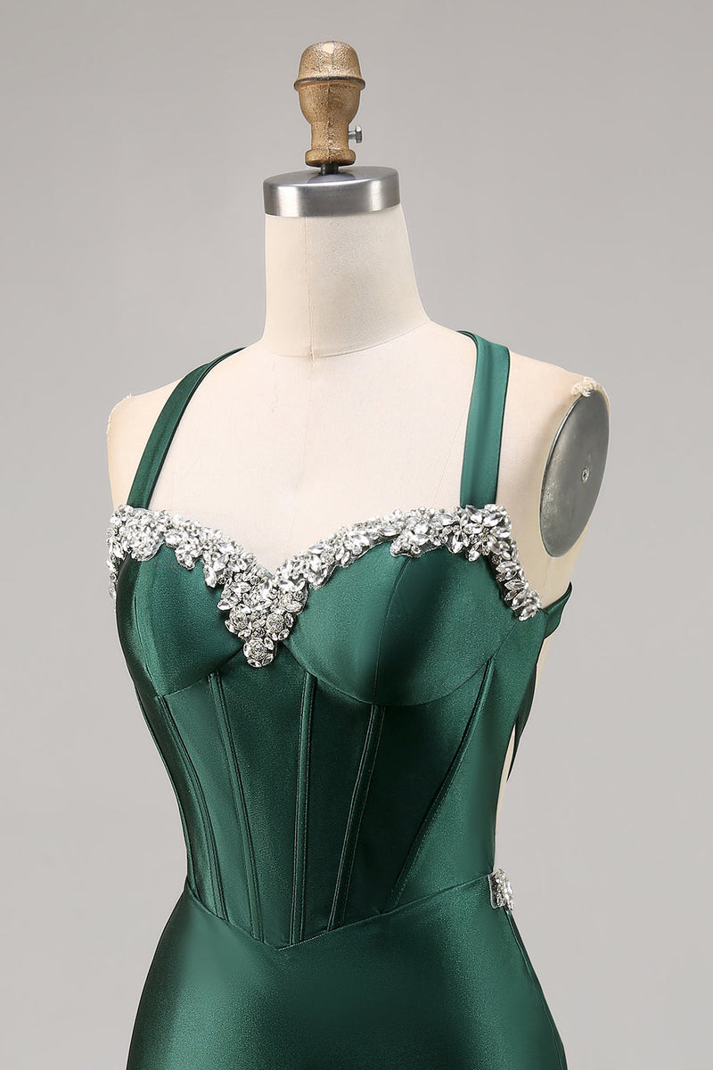 Load image into Gallery viewer, Sparkly Dark Green Satin Corset Tight Short Homecoming Dress with Beading