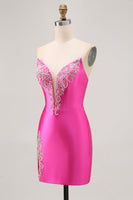 Load image into Gallery viewer, Sparkly Fuchsia Satin Strapless Tight Short Homecoming Dress with Rhinestones