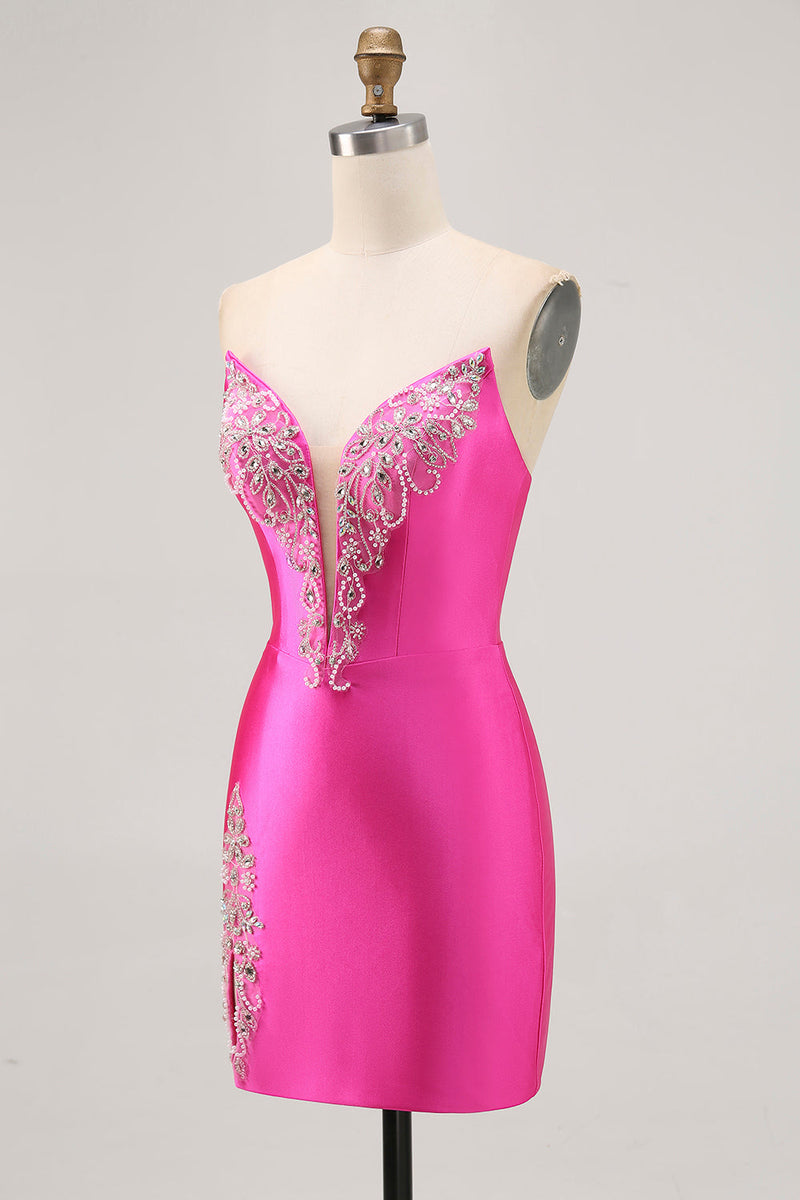 Load image into Gallery viewer, Sparkly Fuchsia Satin Strapless Tight Short Homecoming Dress with Rhinestones