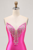 Load image into Gallery viewer, Sparkly Fuchsia Satin Strapless Tight Short Homecoming Dress with Rhinestones