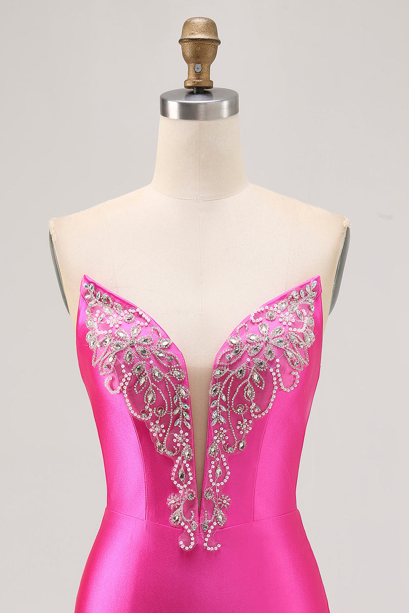 Load image into Gallery viewer, Sparkly Fuchsia Satin Strapless Tight Short Homecoming Dress with Rhinestones