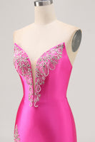 Load image into Gallery viewer, Sparkly Fuchsia Satin Strapless Tight Short Homecoming Dress with Rhinestones