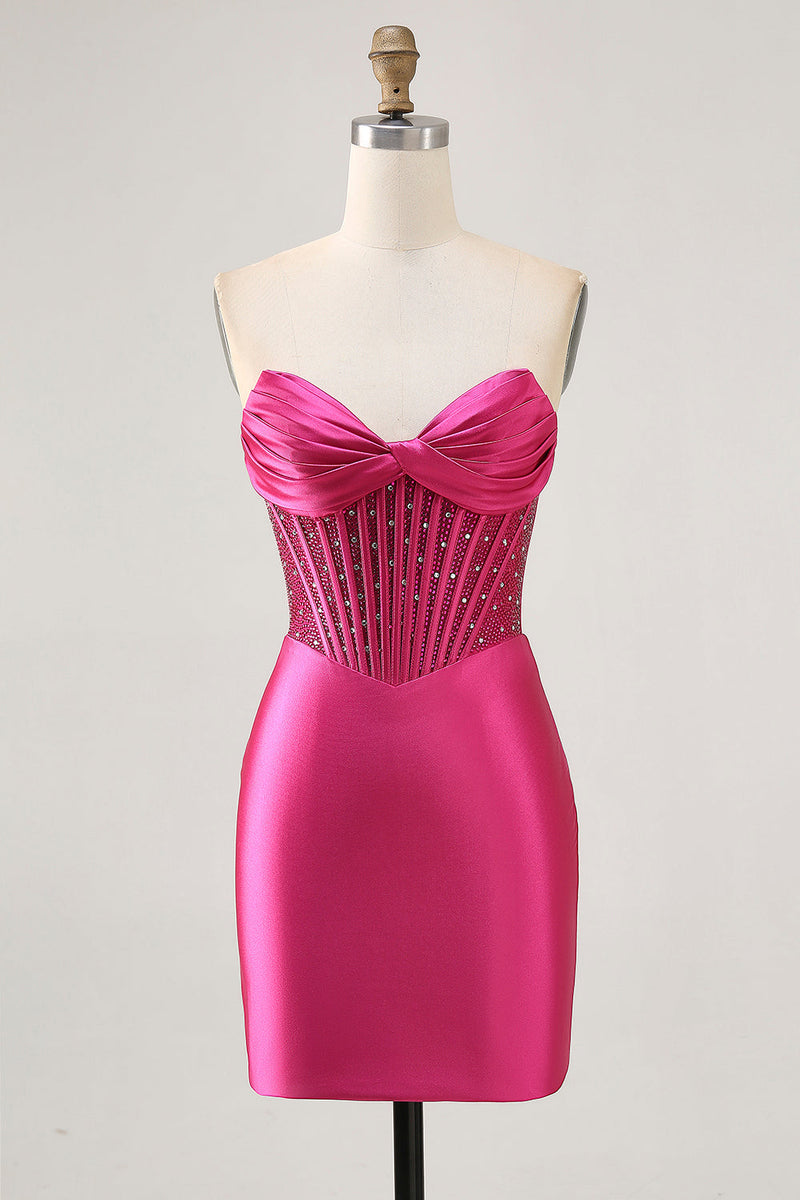 Load image into Gallery viewer, Sparkly Fuchsia Strapless Short Tight Corset Satin Homecoming Dress