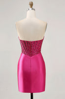 Load image into Gallery viewer, Sparkly Fuchsia Strapless Short Tight Corset Satin Homecoming Dress