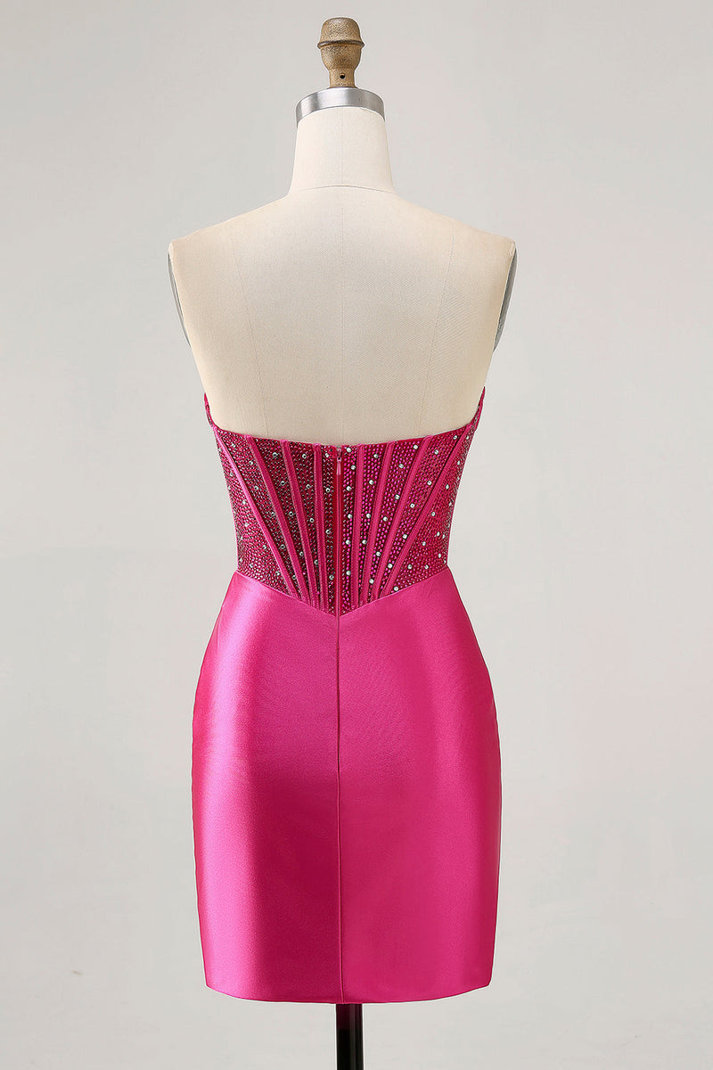 Load image into Gallery viewer, Sparkly Fuchsia Strapless Short Tight Corset Satin Homecoming Dress