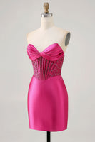 Load image into Gallery viewer, Sparkly Fuchsia Strapless Short Tight Corset Satin Homecoming Dress