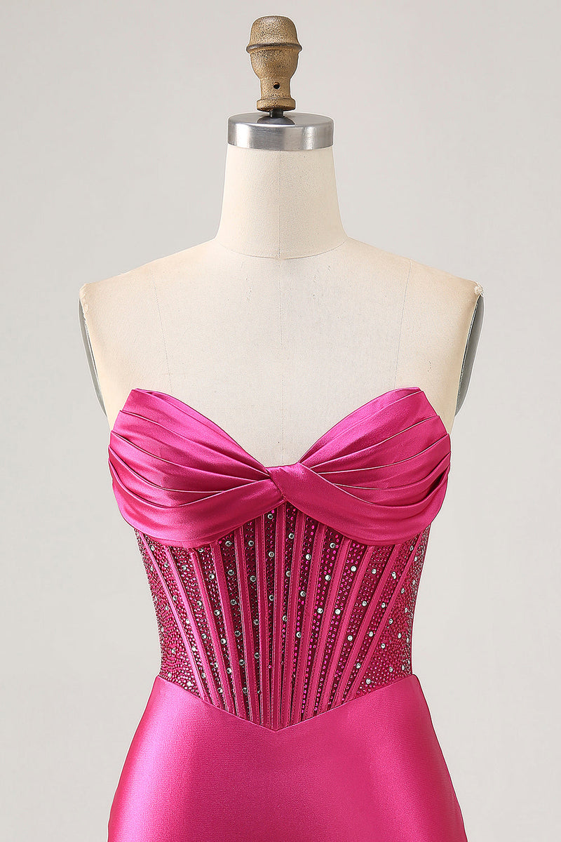 Load image into Gallery viewer, Sparkly Fuchsia Strapless Short Tight Corset Satin Homecoming Dress