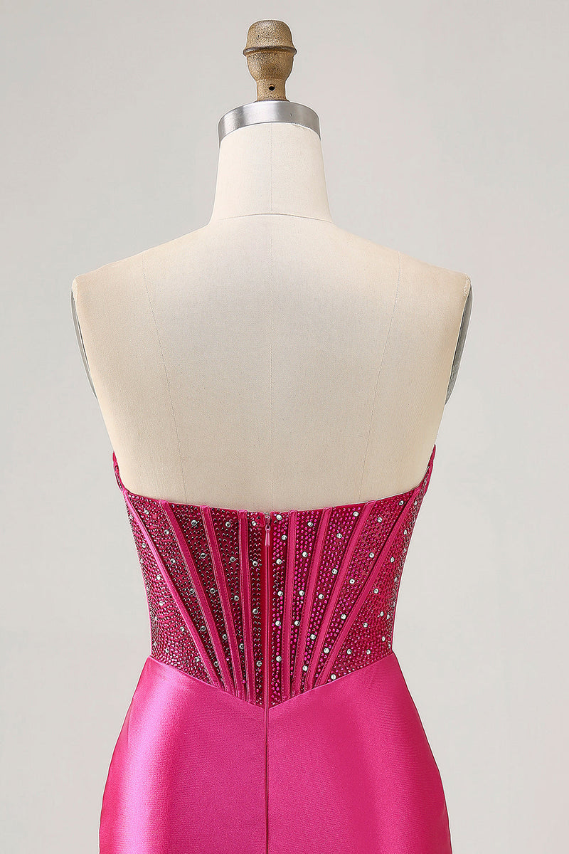 Load image into Gallery viewer, Sparkly Fuchsia Strapless Short Tight Corset Satin Homecoming Dress
