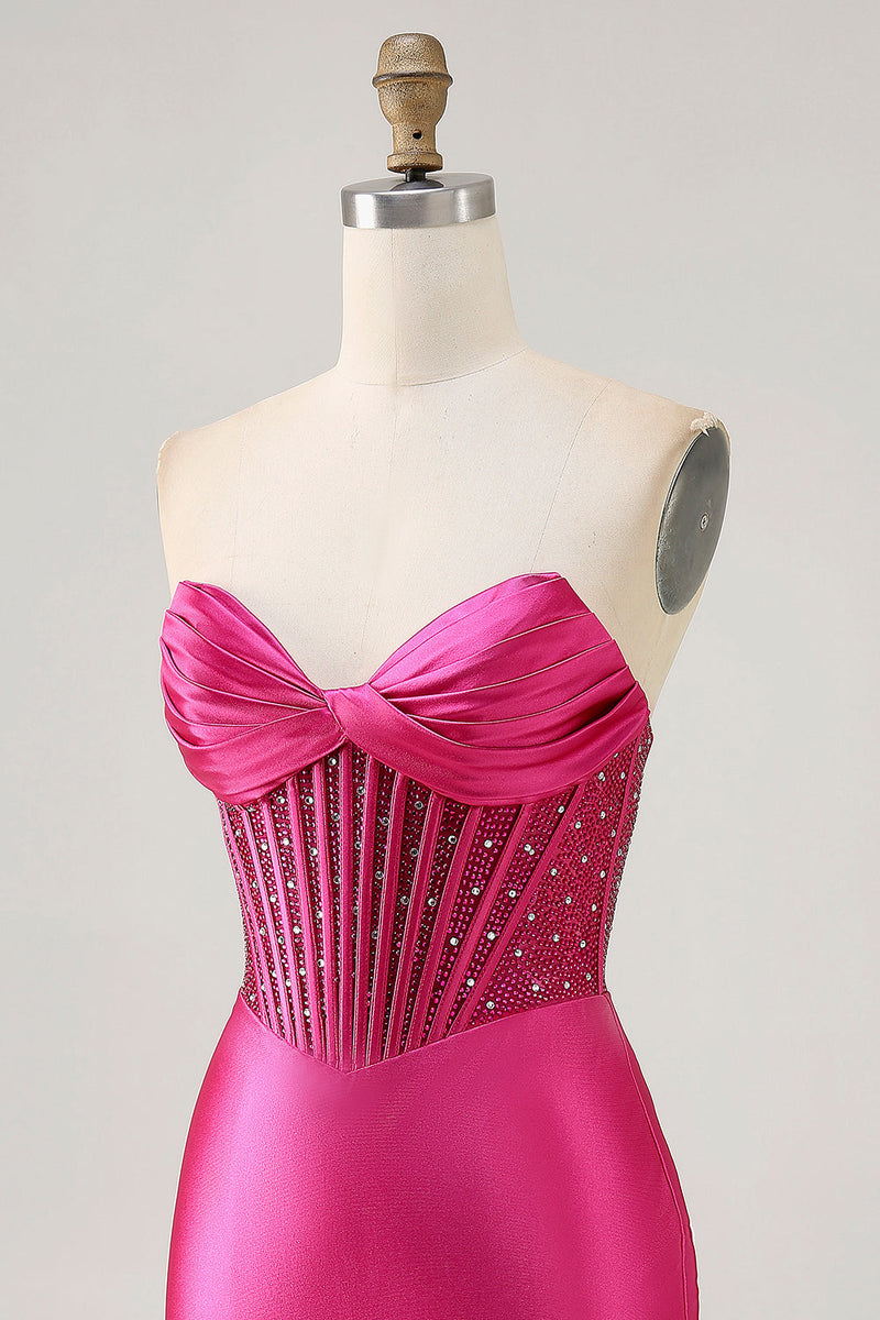 Load image into Gallery viewer, Sparkly Fuchsia Strapless Short Tight Corset Satin Homecoming Dress