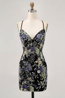Load image into Gallery viewer, Sparkly Black Floral Short Tight Homecoming Dress with Beading