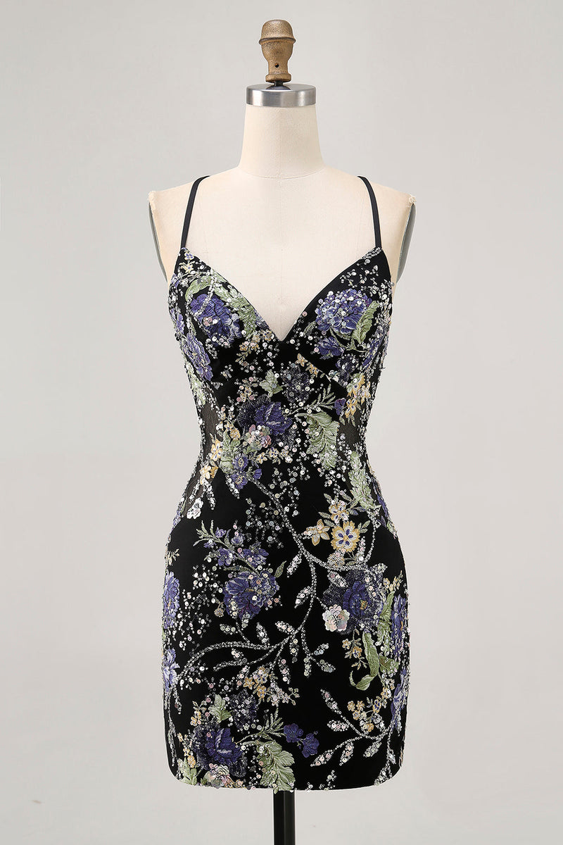 Load image into Gallery viewer, Sparkly Black Floral Short Tight Homecoming Dress with Beading