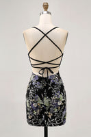 Load image into Gallery viewer, Sparkly Black Floral Short Tight Homecoming Dress with Beading